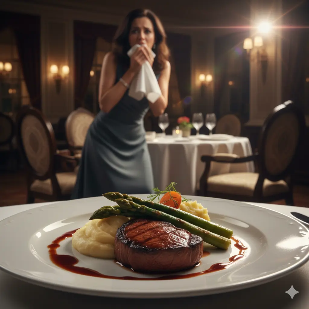 A dinner plate in focus with a woman distressed in the background rushing away from the table.