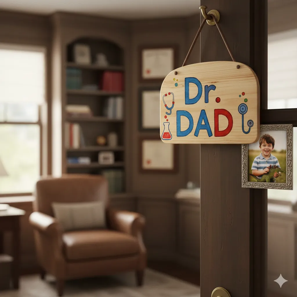 A hand-painted sign hanging above a door in a doctor's office or home study that says 'Dr. Dad' with a subtle, framed photo of a smiling young boy next to it.