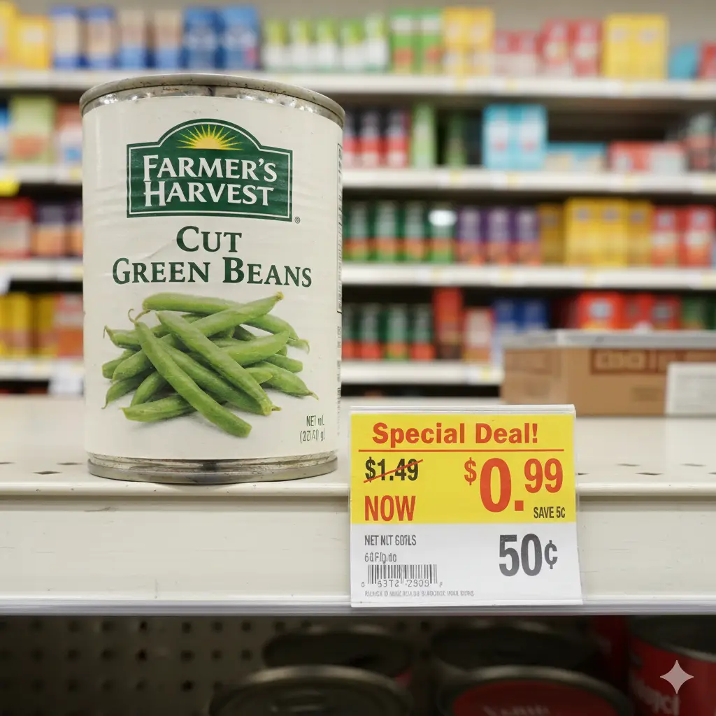 Dented canned food on a shelf