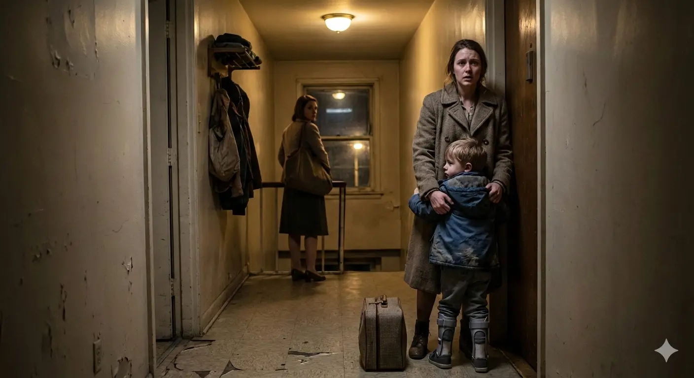 A stunned aunt at an apartment doorway as her sister leaves a small child with leg braces and a suitcase.