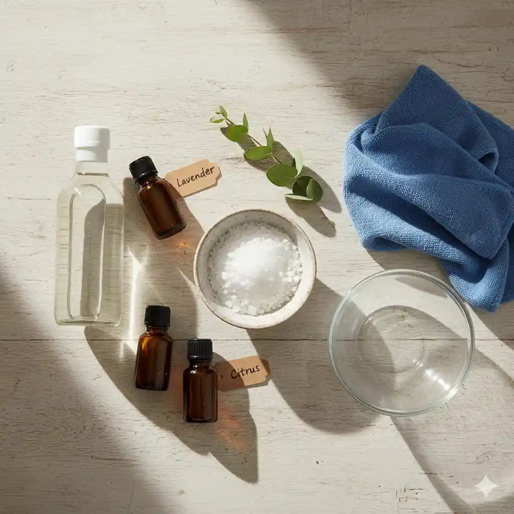 Overhead view of salt, vinegar, essential oils, and cleaning cloth for an eco-friendly home refresh