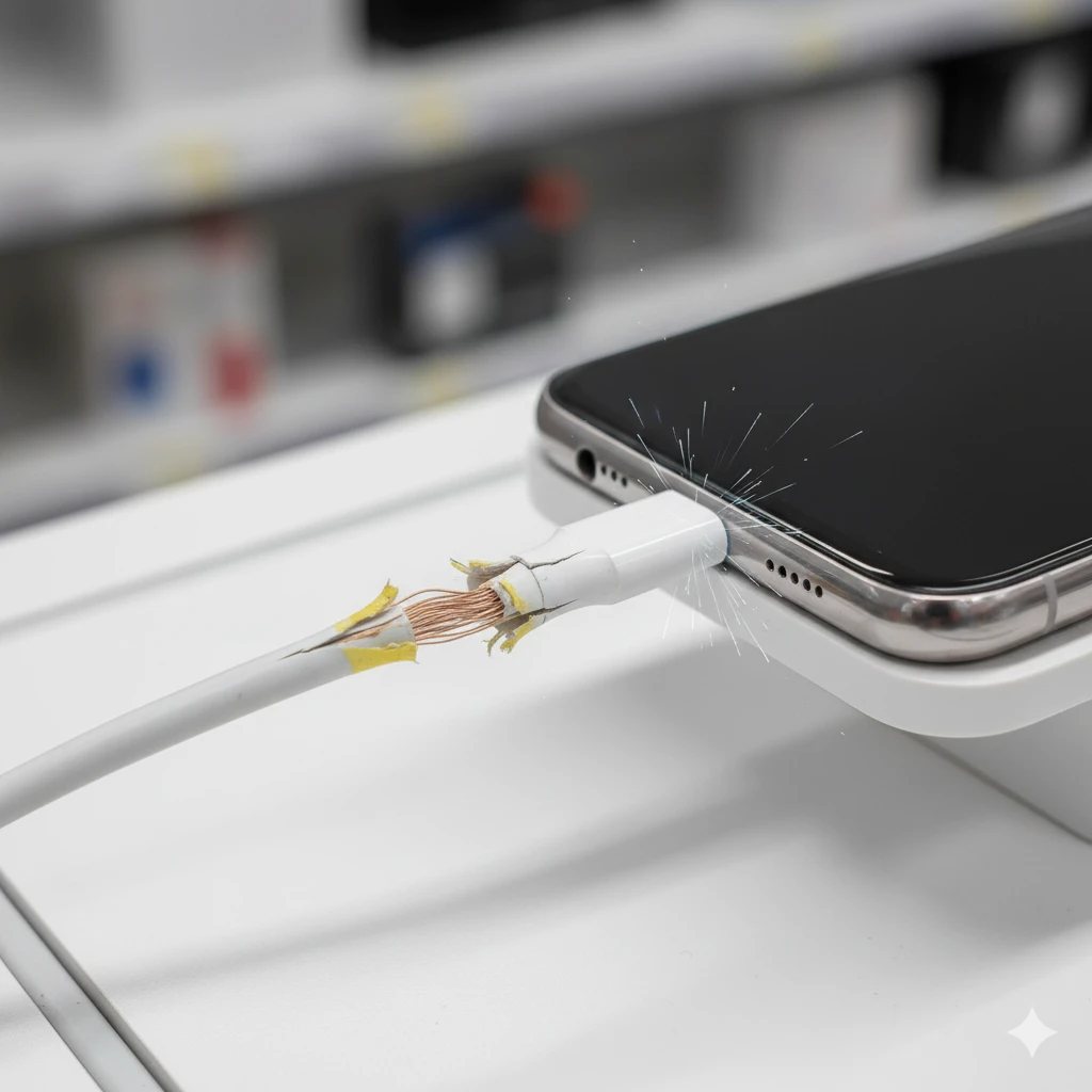 Cheap charging cable plugged into a phone