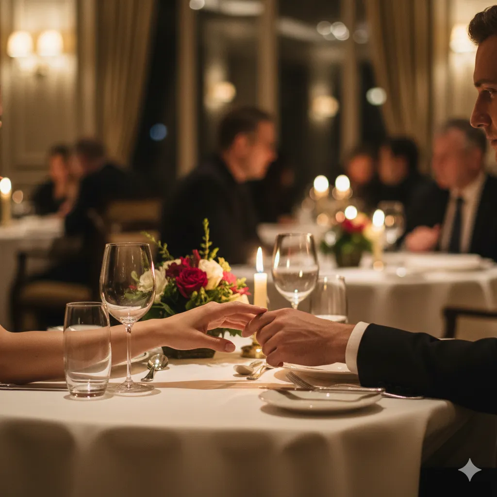 A couple's hands on an elegant restaurant table with warm lighting.