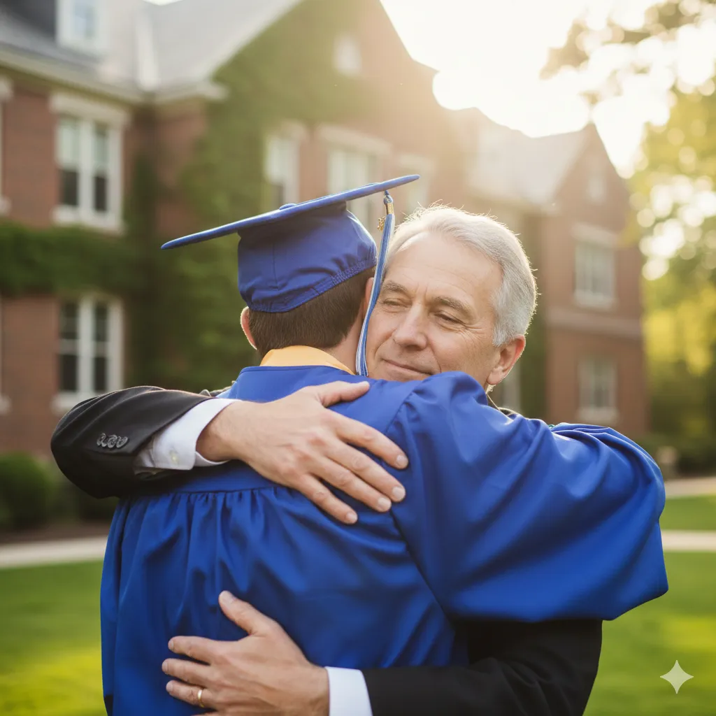 An emotional hug between a stepfather and stepson