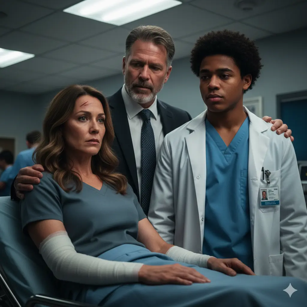 A dramatic, chaotic emergency room scene. A woman (the biological mother) looks exhausted and scraped. She freezes, her eyes fixed on a young man beside the adoptive father, noticing a faint surgical scar near his collarbone.
