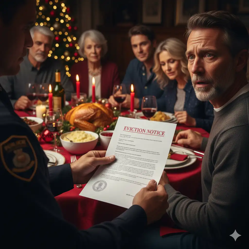 A hand handing a folded legal eviction notice to a shocked man at a Christmas dinner table. Other family members watch with solemn expressions.