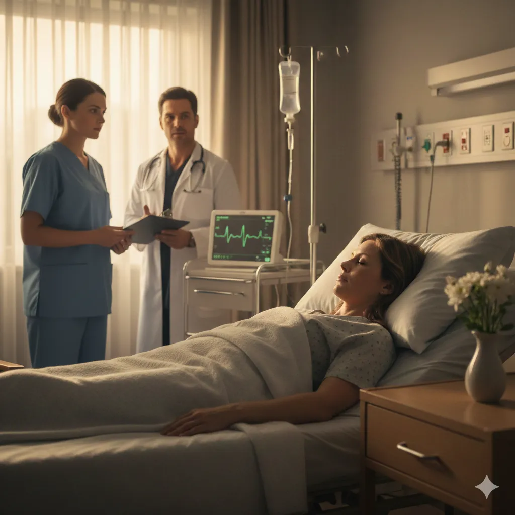 A woman awake in a hospital bed as medical staff enter, while a man looks stunned in the background.
