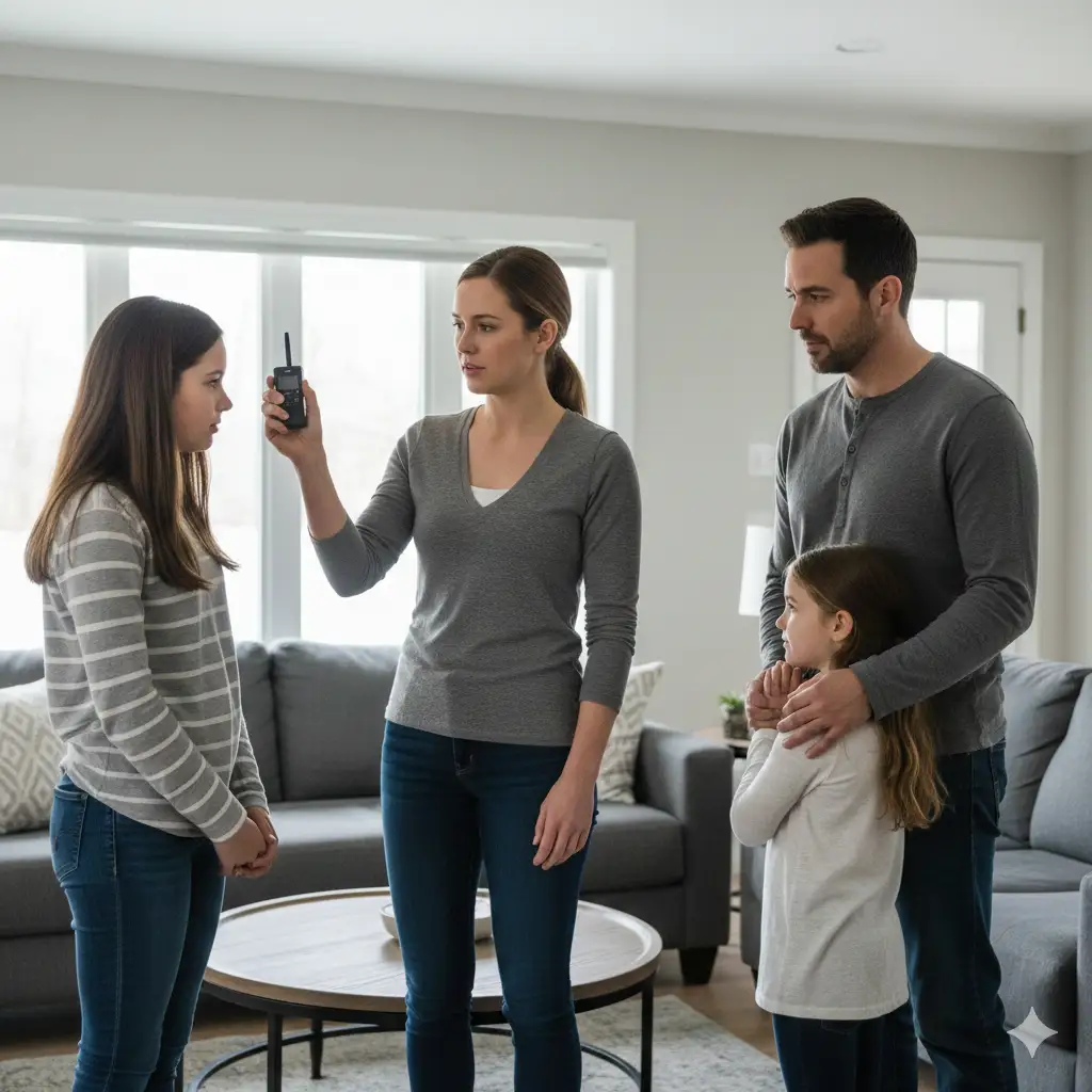 A tense, emotional scene in a family living room. The mother (Melissa) holds a recorder, confronting two shocked teenage girls (Ava and Sophie). The father (Daniel) is embracing his young daughter (Lily) with a look of regret and realization.