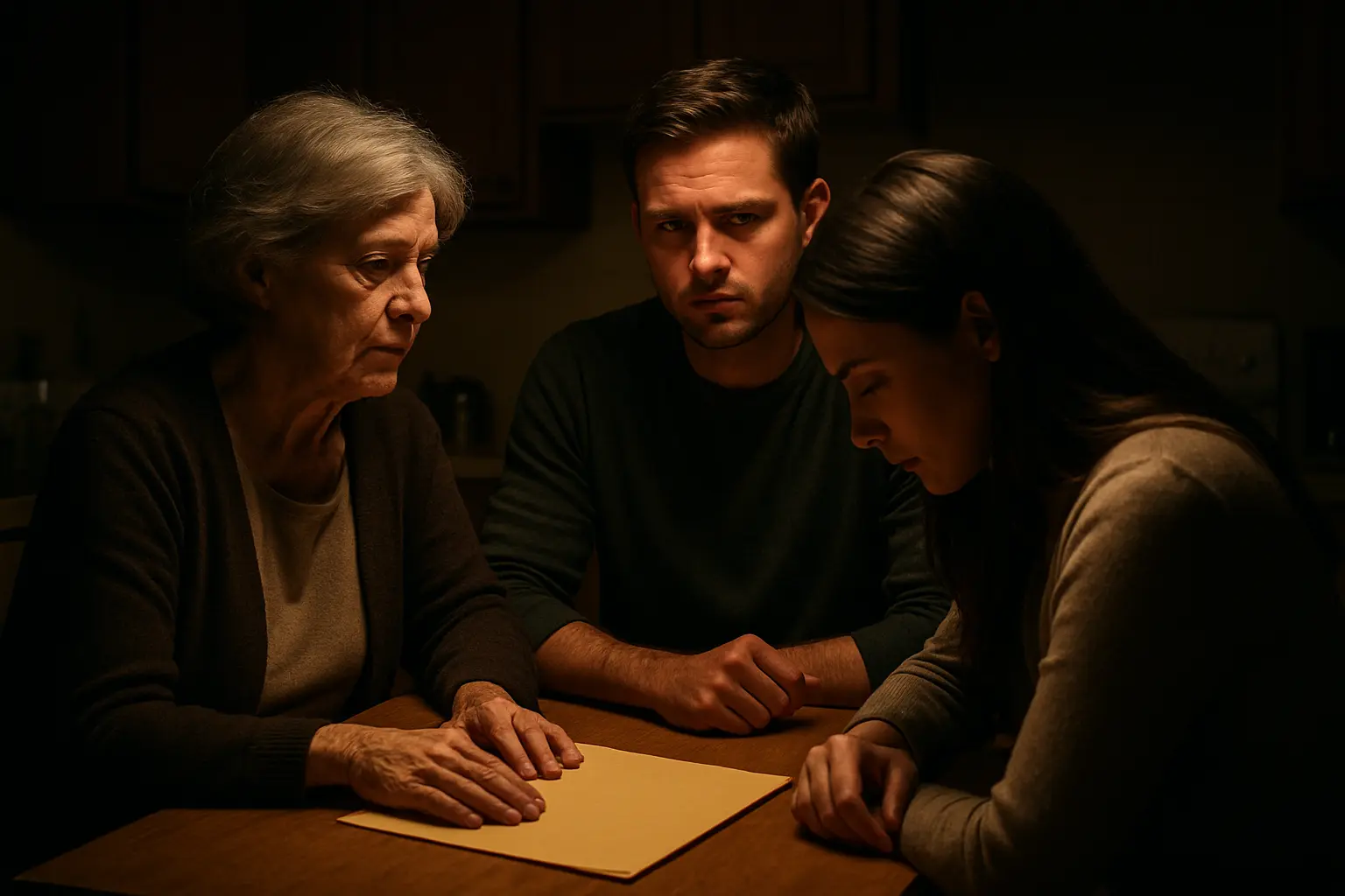 A tense, dramatic scene of three people gathered around a kitchen table with a folder in the center, and the woman's head bowed in shame.