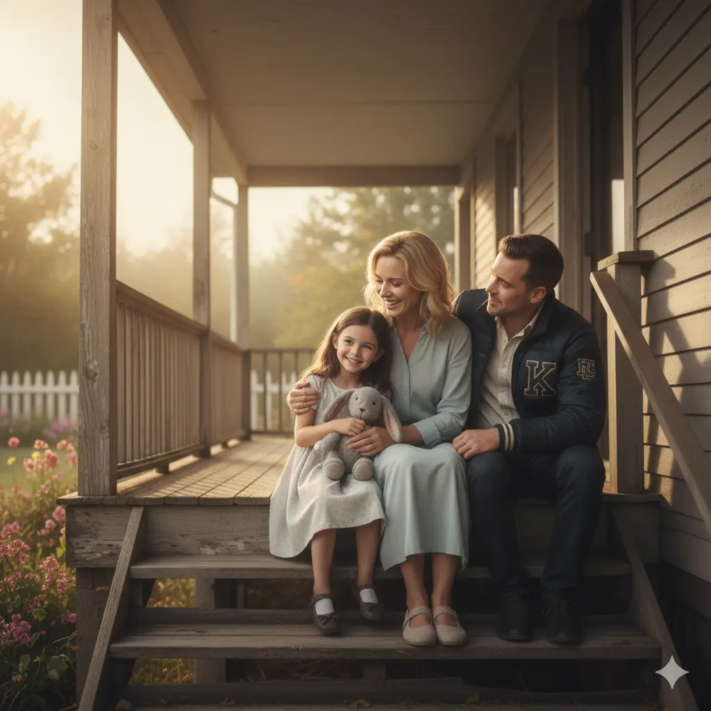 Two women (Megan and Claire) and a man (Alex) sitting on a front porch with a small girl (Lily), all smiling genuinely.