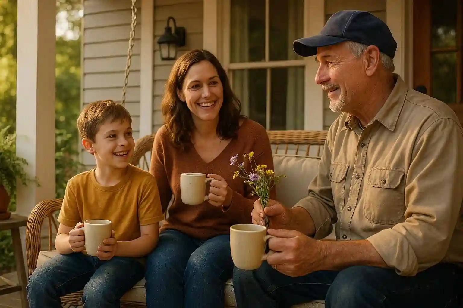 A happy family (mother and son) sitting on a cozy porch with their new friend (the former repairman), drinking tea and smiling. He holds a small bouquet of wildflowers.