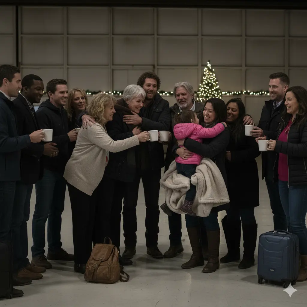 A warm, emotional scene at an airport hangar at night. A large, diverse family is embracing the young man and little girl, offering blankets and hot cocoa. Everyone is smiling and crying with joy.