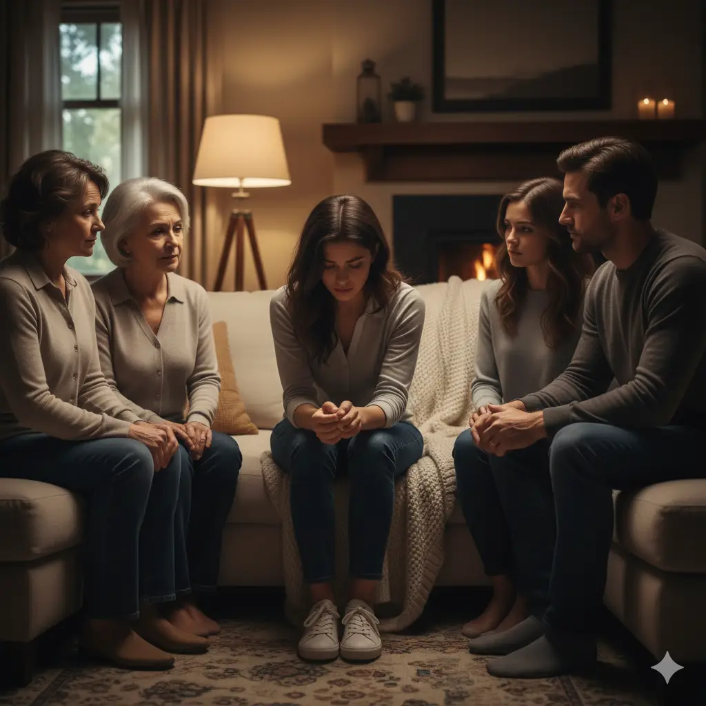 A distressed young woman sitting on a couch surrounded by concerned, gently intervening family members.