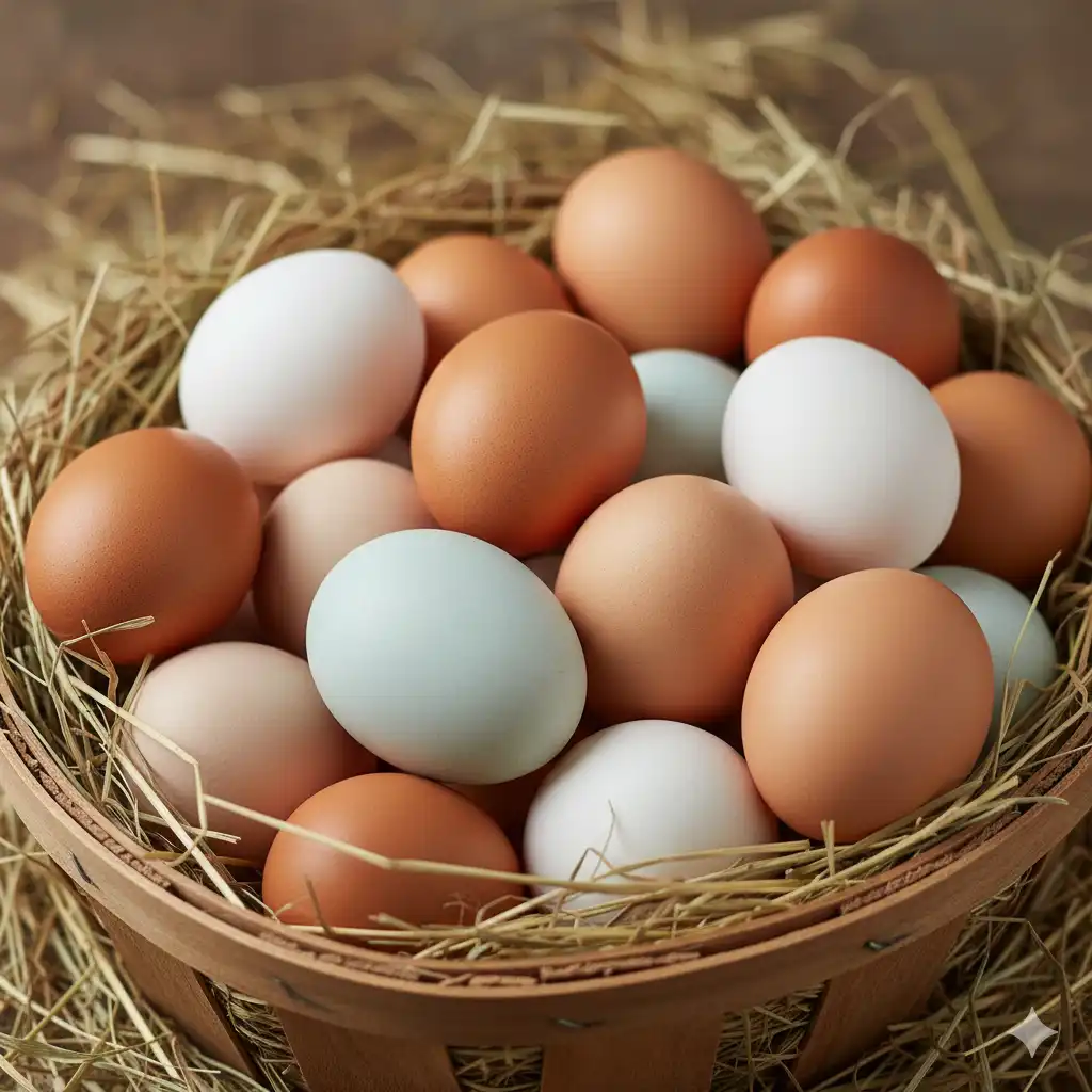 Fresh rustic farm eggs in a basket