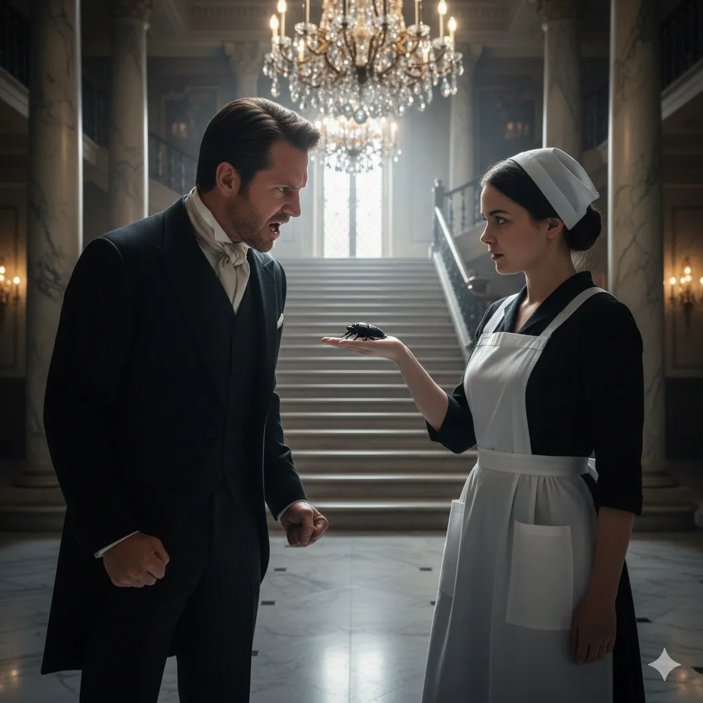 A wealthy man, Caleb Thompson, looking enraged at the maid who holds up a small, dark object