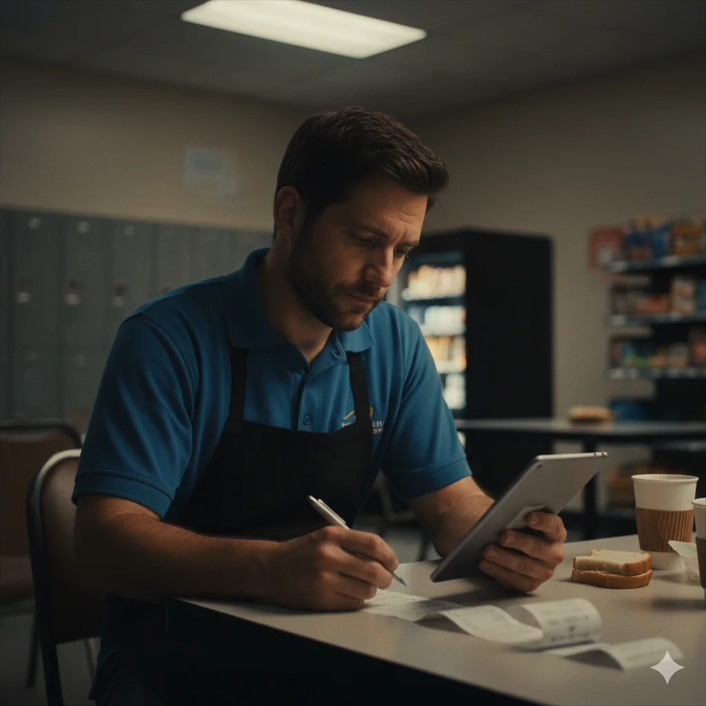 Father taking notes in a grocery store breakroom