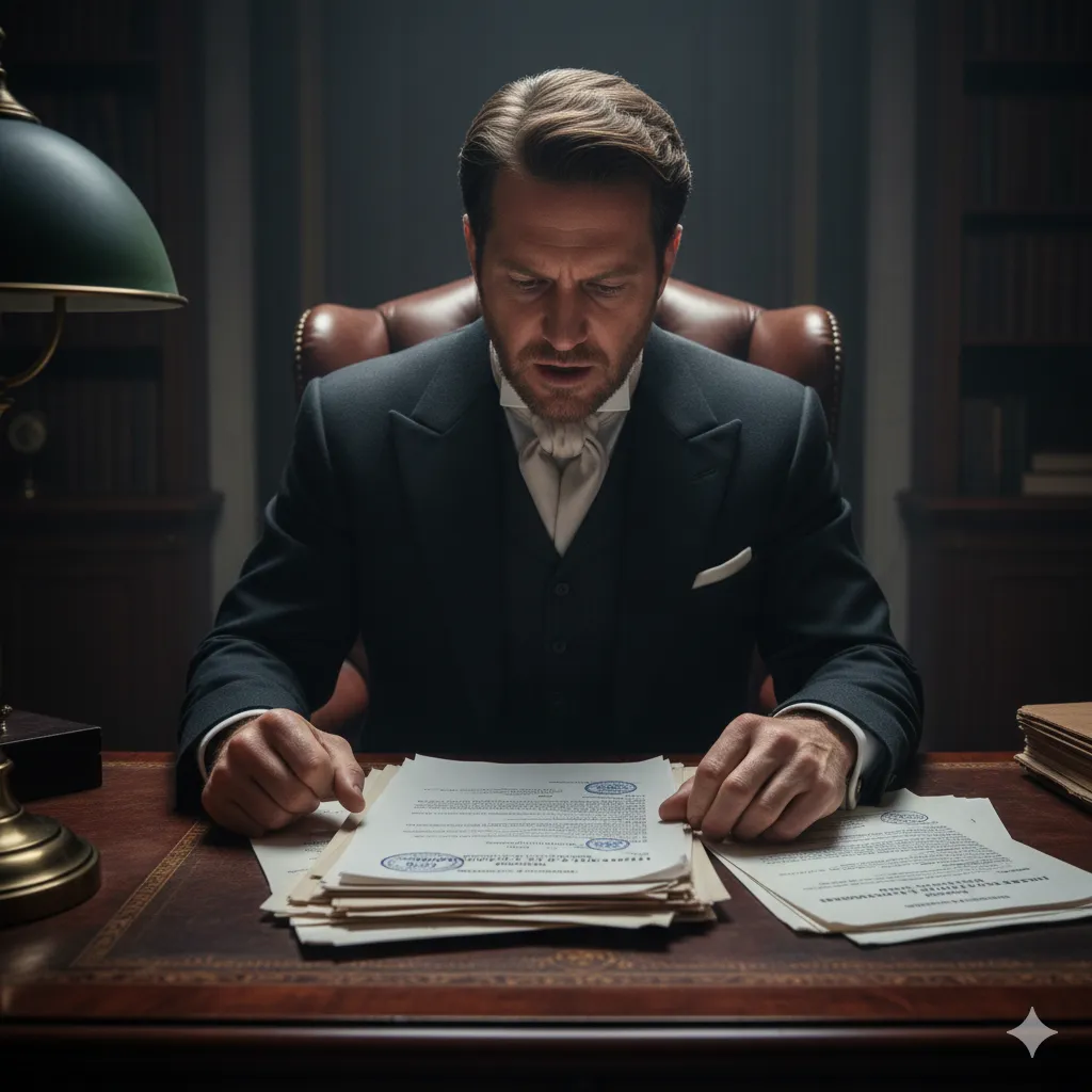 A man, Caleb, looking at a stack of medical reports on a desk with a look of dawning realization and anger