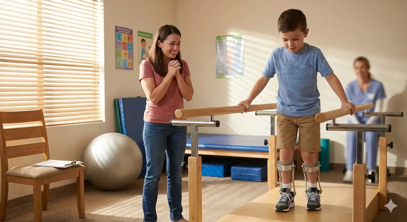 A boy with leg braces taking a careful step in physical therapy while his aunt watches with tears.