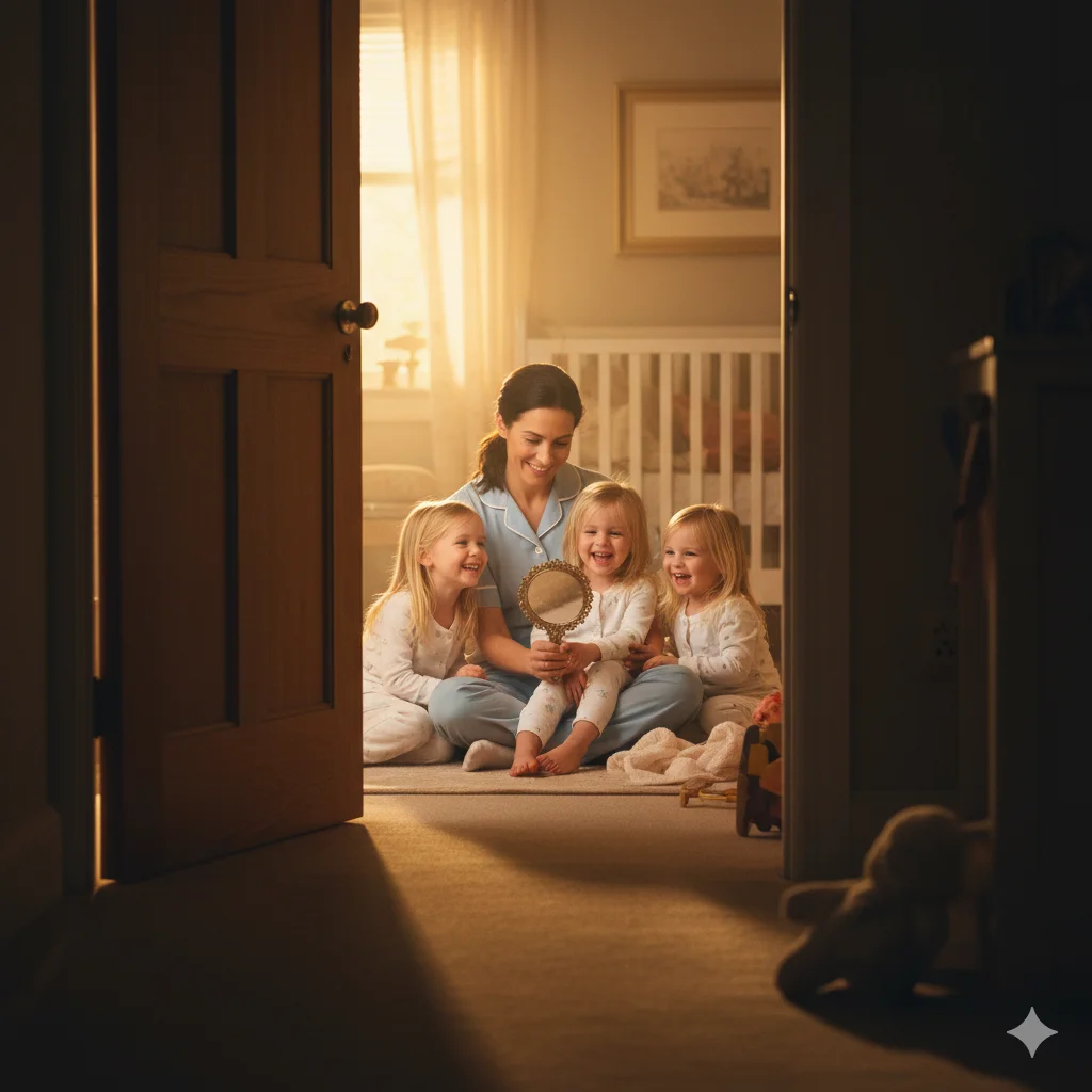 A maid sitting on the floor with three identical girls giggling and smiling, illuminated by warm light.