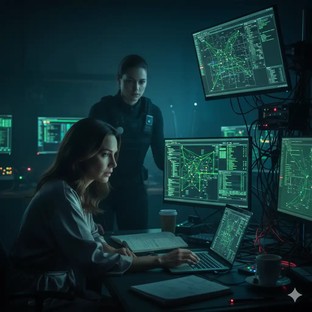 A dark, modern office with two women bent over glowing laptop screens, surrounded by complex wiring and monitors showing financial ledgers and network topology. One woman, the forensic accountant, has a look of cold determination.