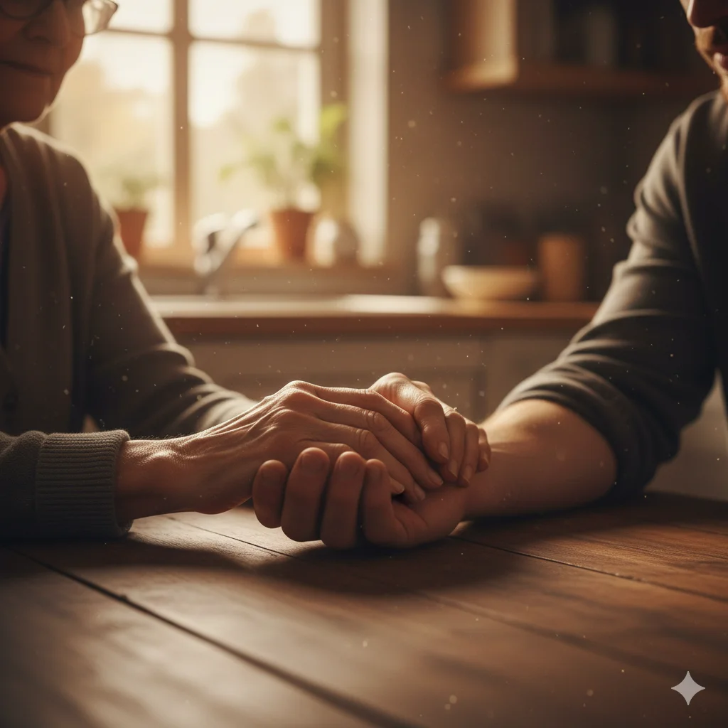 A close-up of an older woman's hand gently resting on a younger man's forearm, symbolizing comfort and restraint.