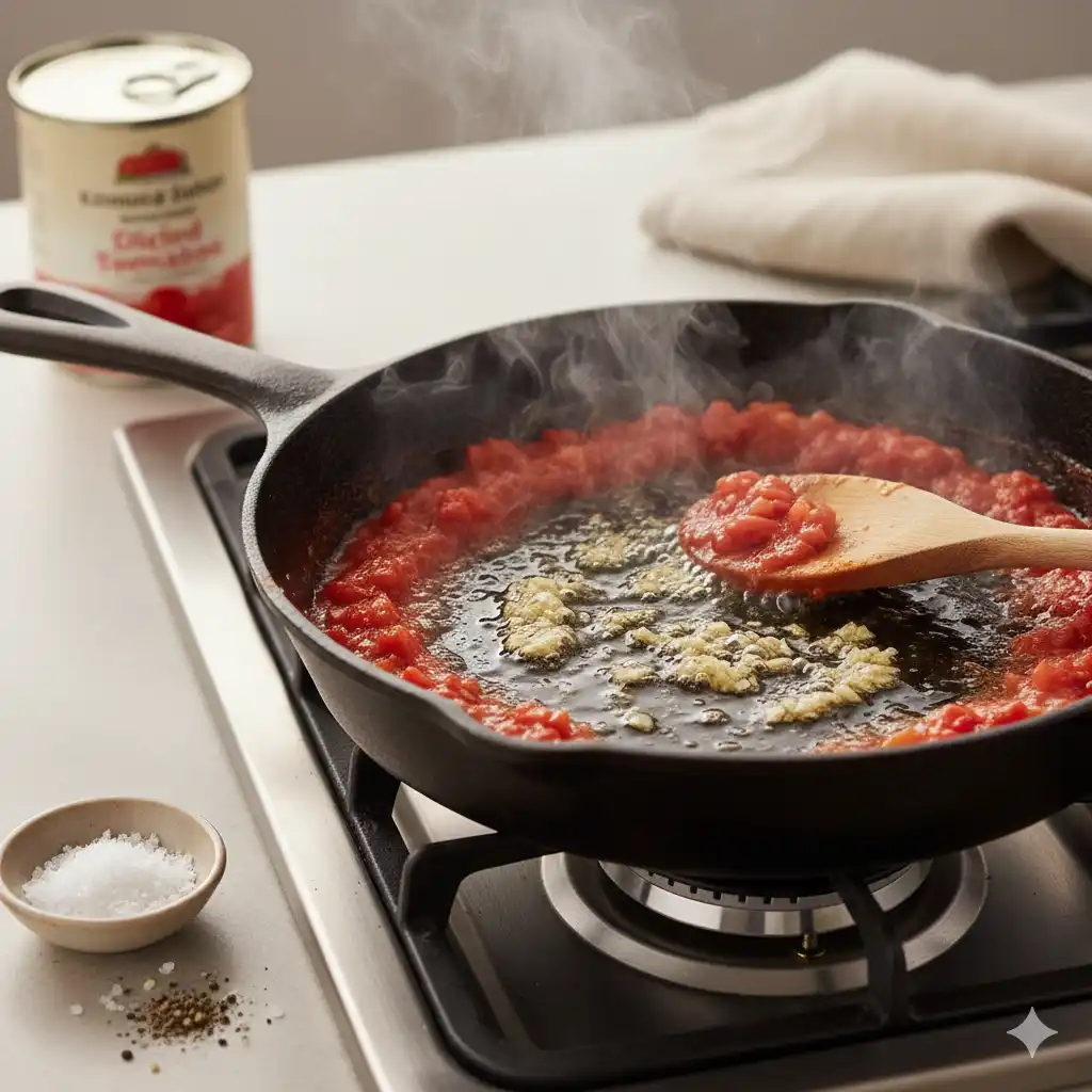 Garlic sizzling in olive oil with diced tomatoes simmering in a skillet