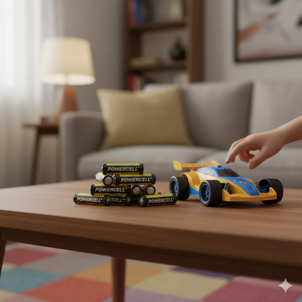 Generic batteries next to a toy