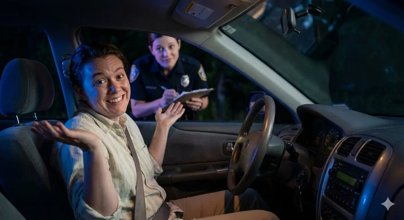 A driver at a traffic stop awkwardly smiling while an officer looks confused, highlighting the joke about getting a license.