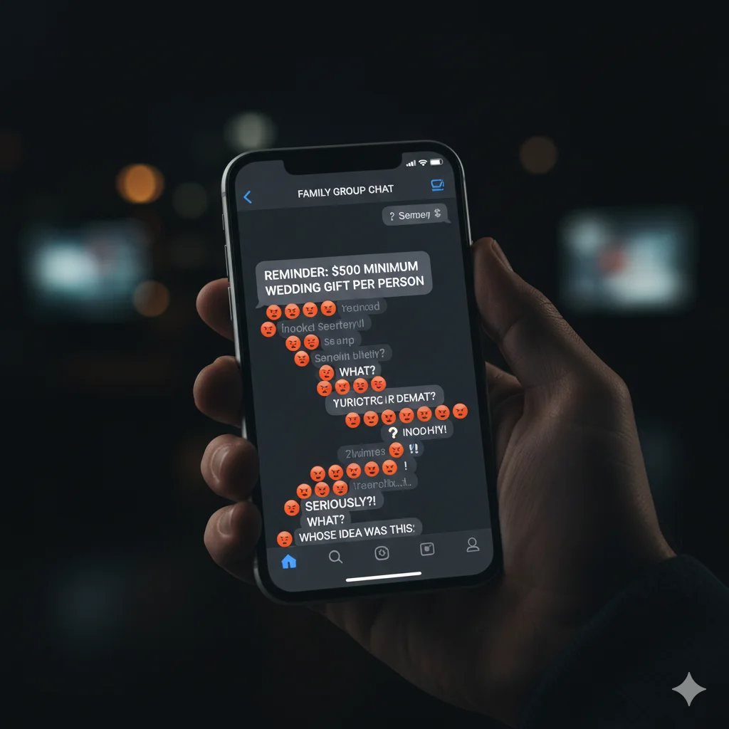 A close-up of a phone screen showing a text message demanding a $500 wedding gift, followed by chaotic emojis and replies.