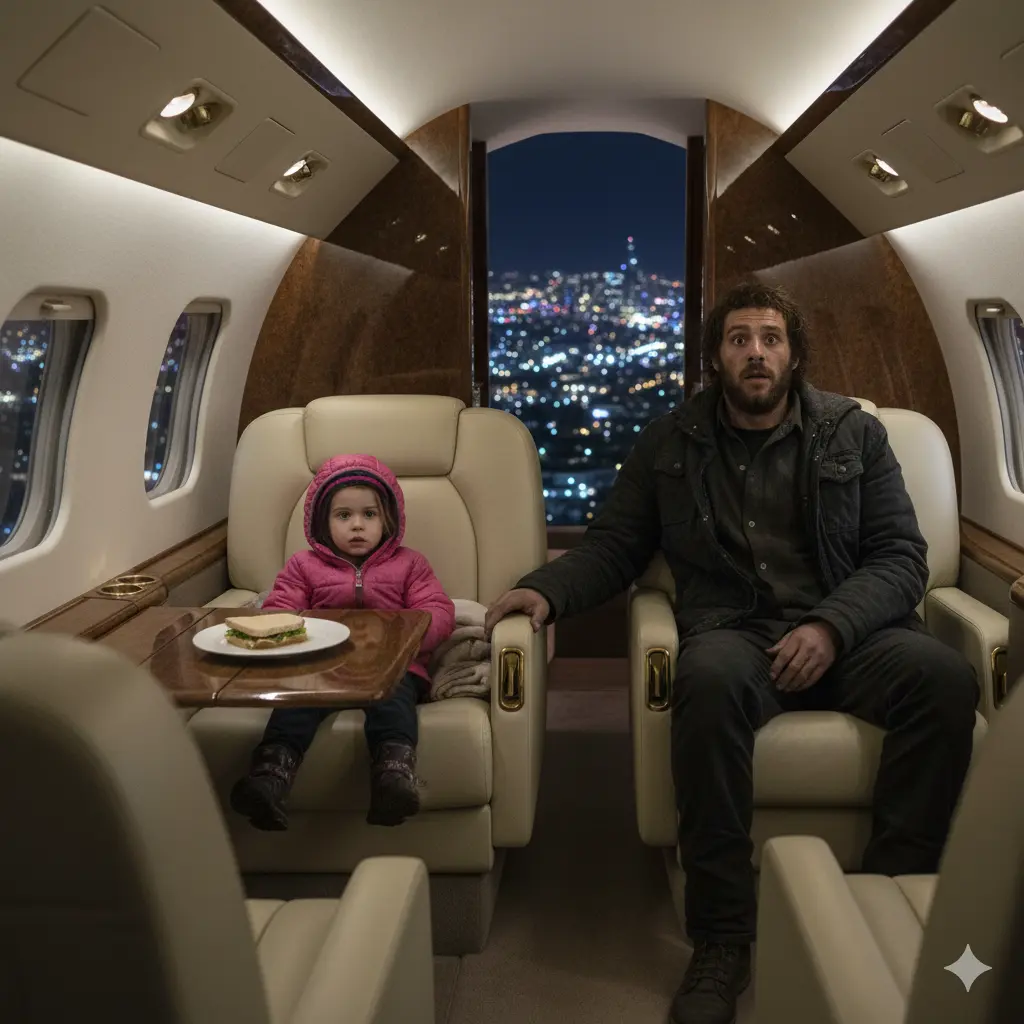 A young man and a little girl sitting in the cream-leather seats of a luxurious private jet at night. The little girl looks curious while the young man looks overwhelmed.