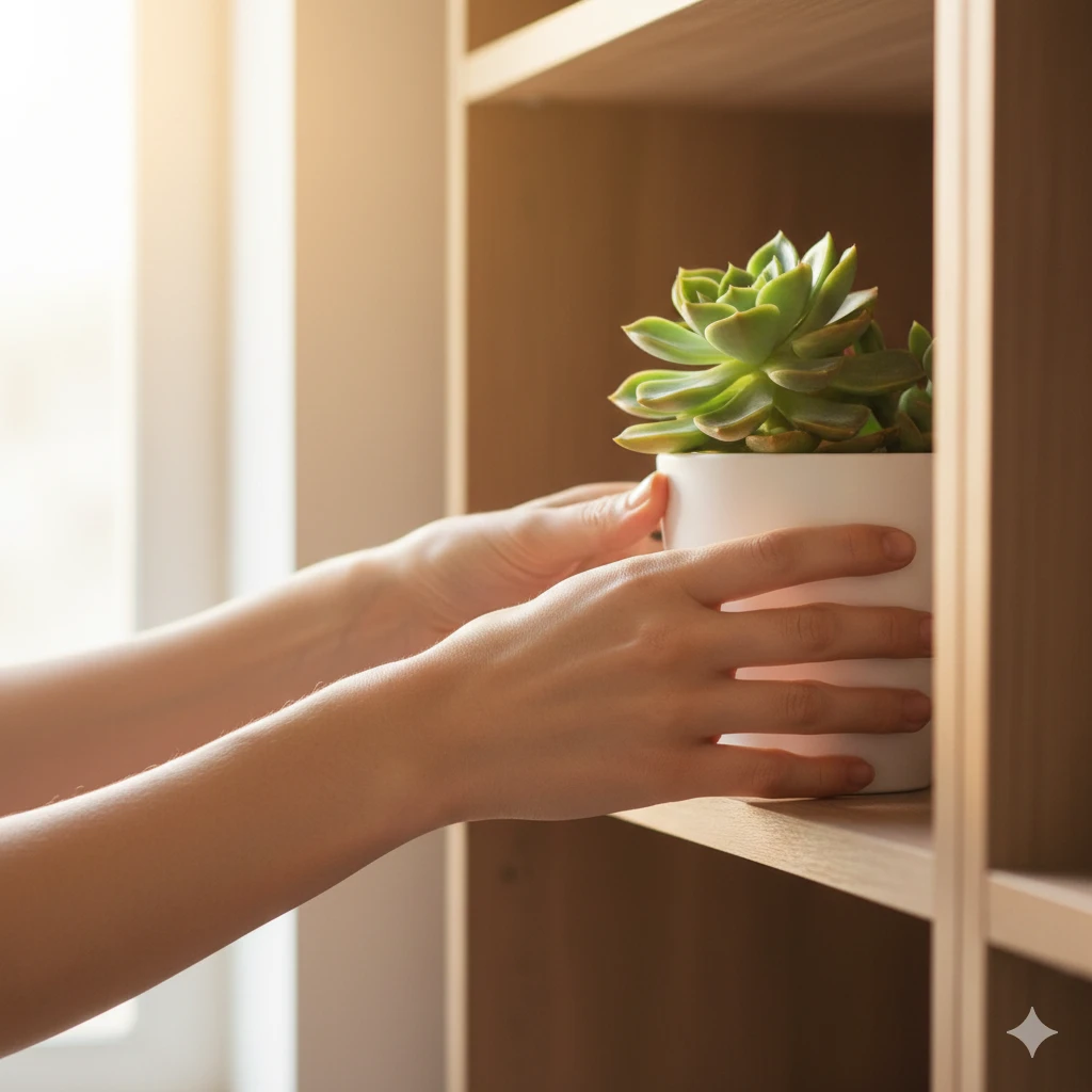 A pair of hands gently placing a framed photograph or a vibrant potted succulent plant onto a cleaned shelf, symbolizing intentional self-care.