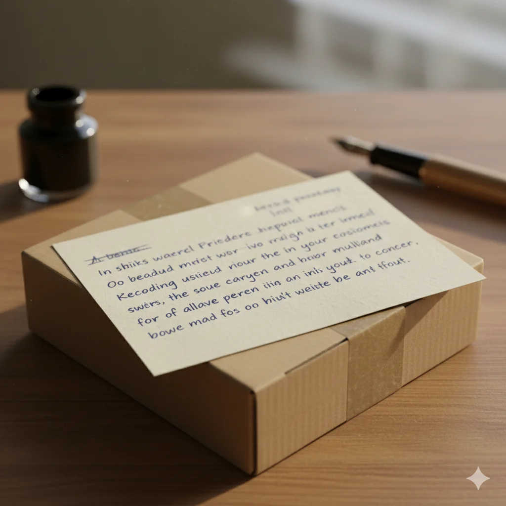 A close-up of a small, neatly taped box with a handwritten letter resting on top, emphasizing the quiet, personal nature of the legacy.