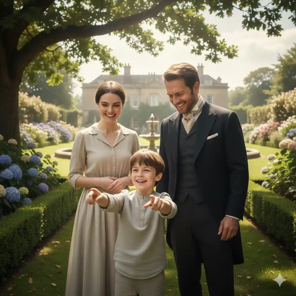 Ethan, Grace, and Caleb Thompson smiling together in a garden, with Ethan excitedly pointing at something
