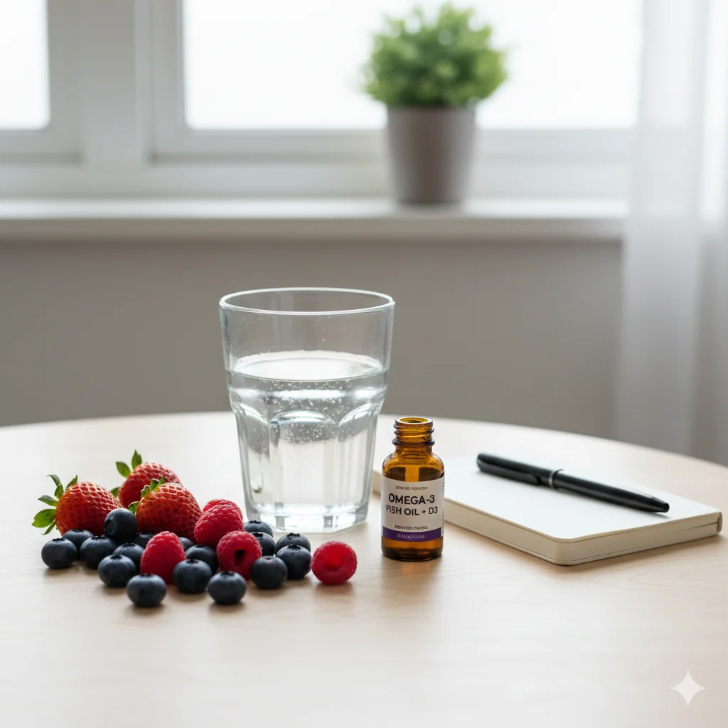A display of colorful berries, a bottle of healthy oil, and a glass of water, symbolizing healthy lifestyle choices.