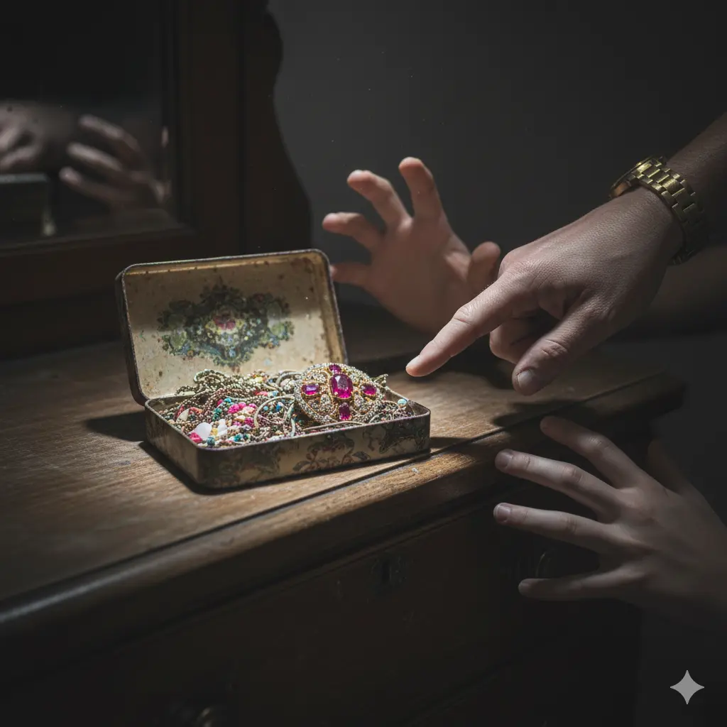 A close-up of a tin box where cheap beads are mixed with a stunning, antique ruby brooch.