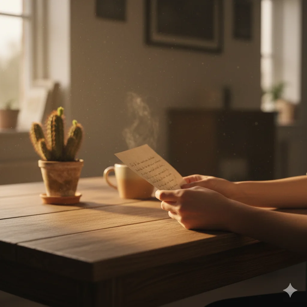 Hands holding a heartfelt handwritten note beside a cactus on a table.