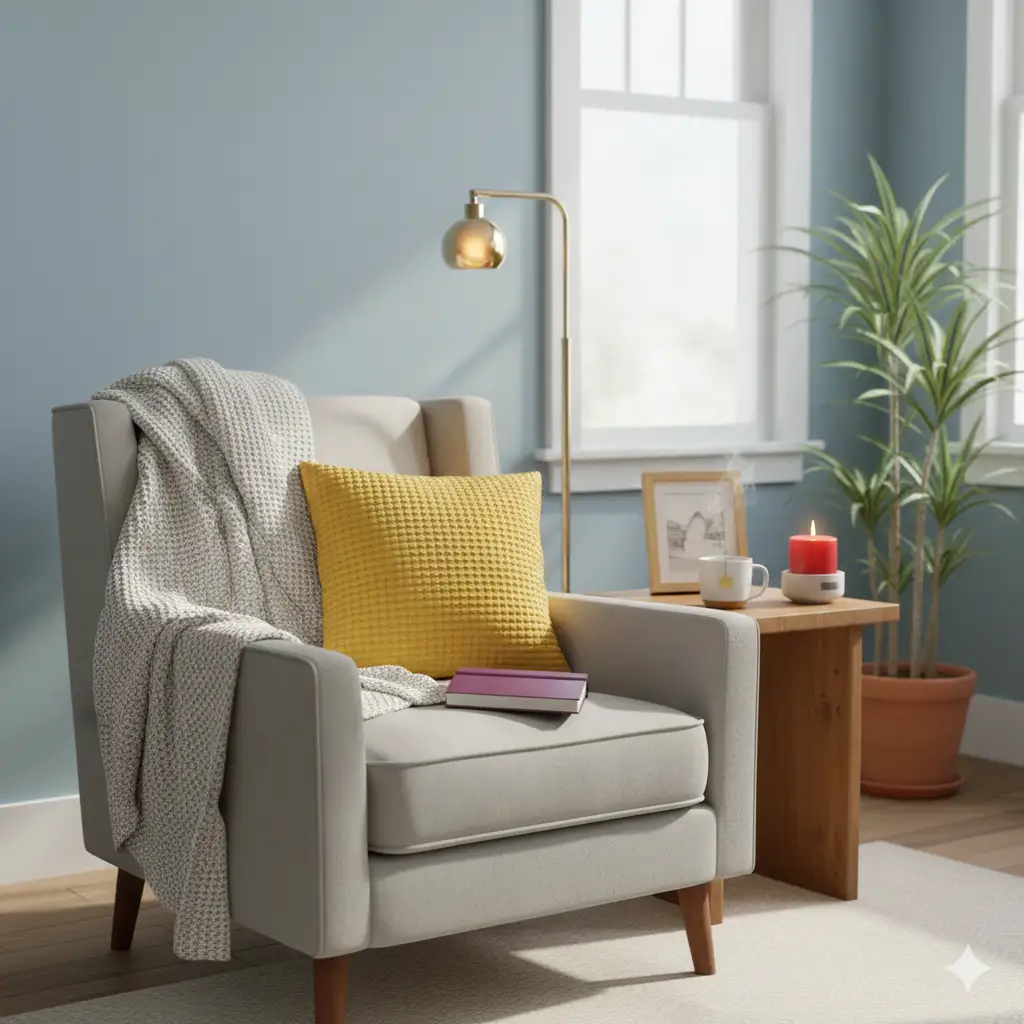 A cozy reading corner styled with blue, green, yellow, purple, and red accents