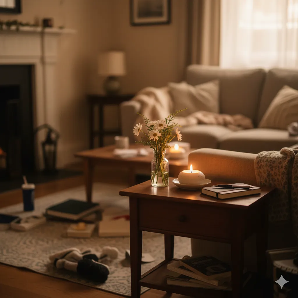A cozy corner of a room, where a small area has been neatly organized with a vase of flowers, symbolizing a peaceful starting point.
