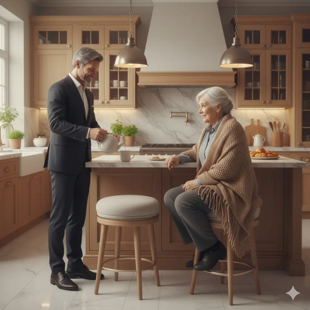 A warm, secure, and beautifully renovated kitchen or living area. Lucas, the son, is smiling warmly, serving tea to his now-peaceful and smiling parents (Evelyn and Mateo), symbolizing safety and restoration.