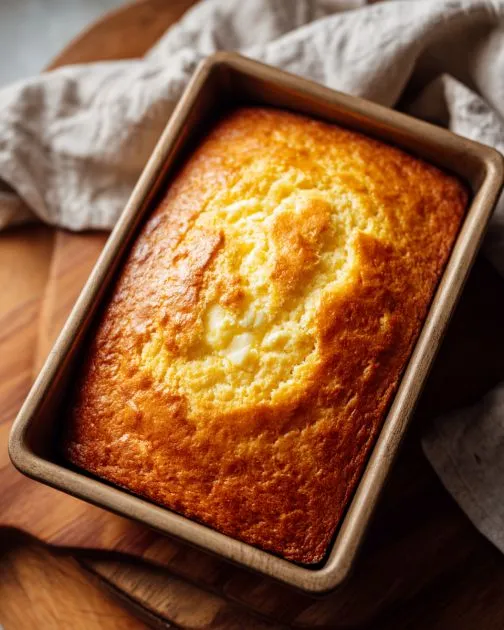 Warm golden-brown honey-butter cornbread squares in a baking pan, lightly drizzled with honey.