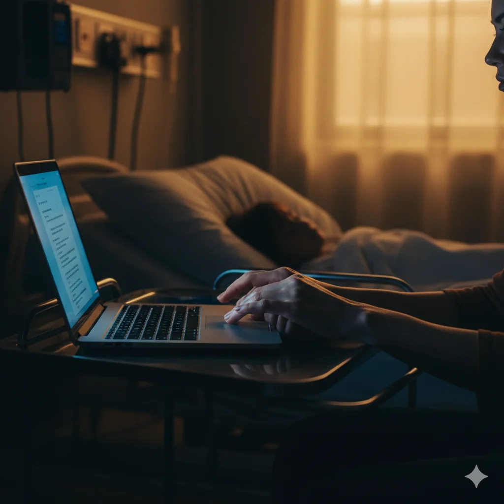 A laptop open next to a hospital bed, symbolizing the struggle of balancing work and family.