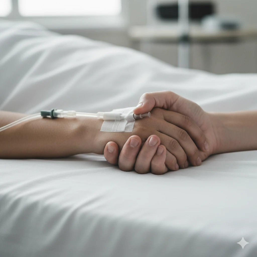 Hands holding in a hospital setting