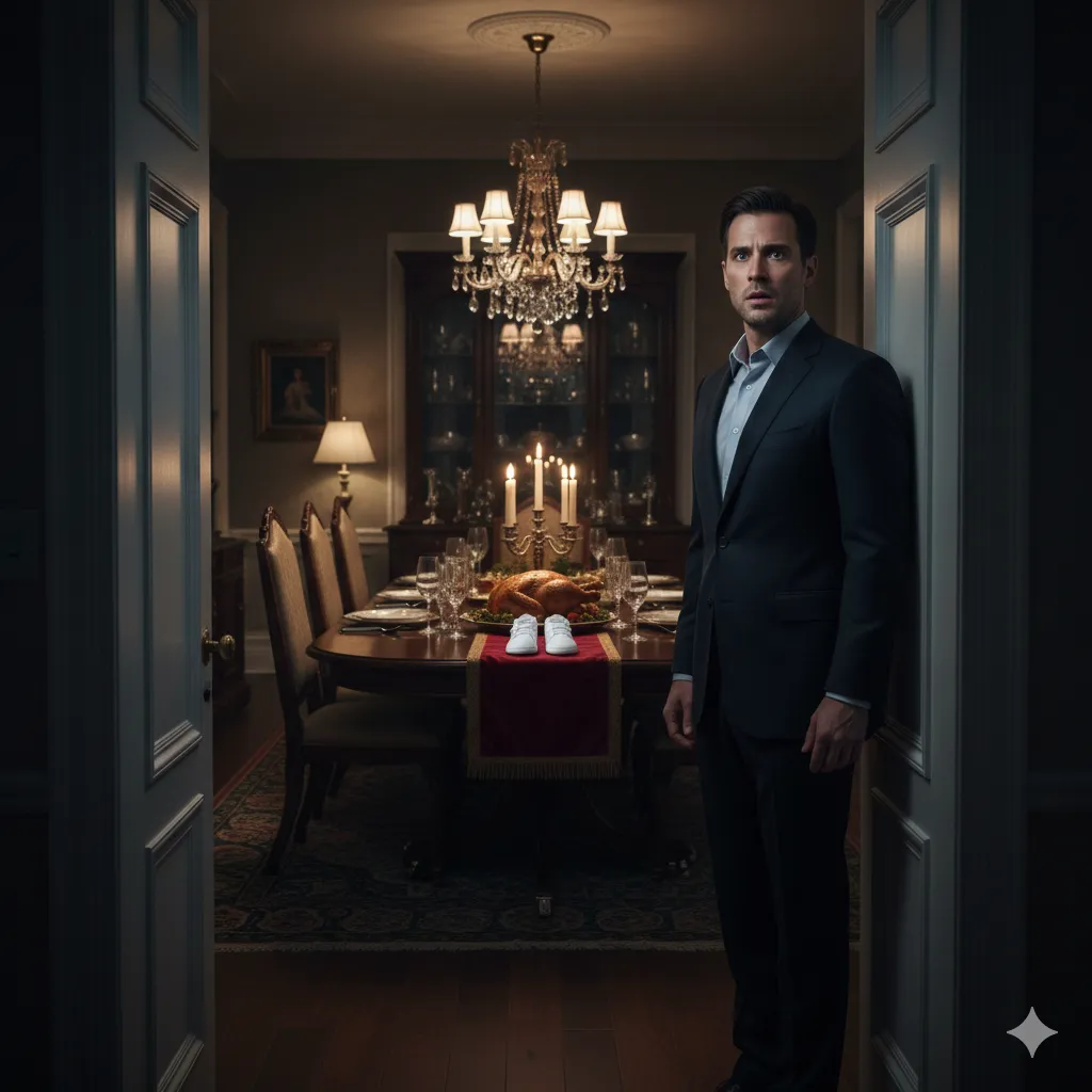 A man standing rigid in a dimly lit hallway doorway, looking with panic and fear at a pair of baby shoes placed on a dinner table in the background.