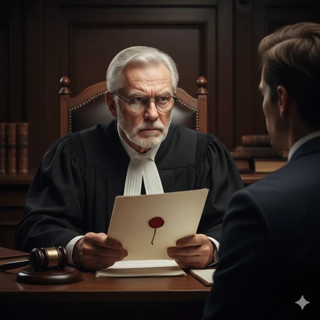 A judge looking sternly over his glasses at a man and a woman in a courtroom, holding up a document or sealed letter with a look of surprise and determination.