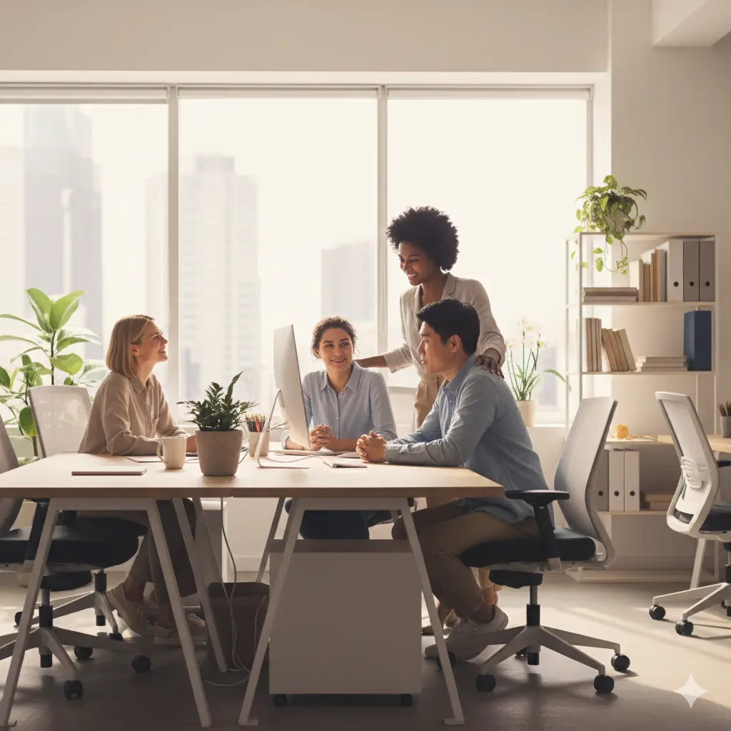 Coworkers supporting each other in a bright office.