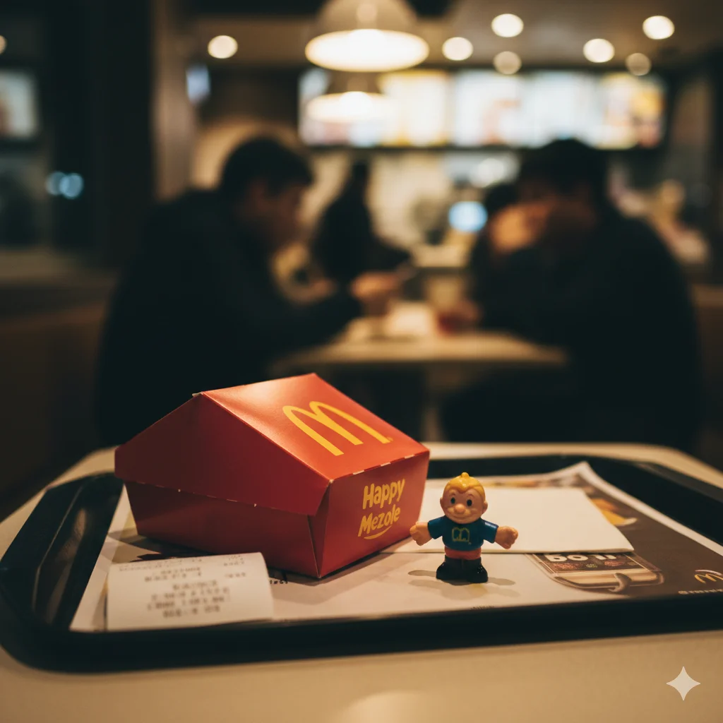 A close-up of a Happy Meal box and toy on a tray under warm light, suggesting quiet generosity.