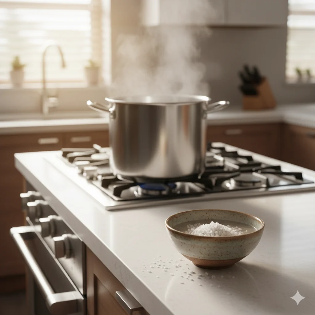 Salt and vinegar mixture on a kitchen counter to help neutralize cooking smells