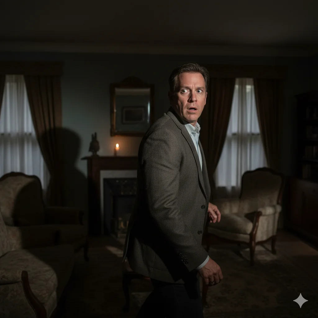 A middle-aged landlord looking terrified in a dark hallway during a storm.