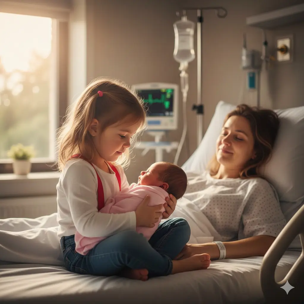 A four-year-old girl in red suspenders gently holding her newborn sister in a hospital room.
