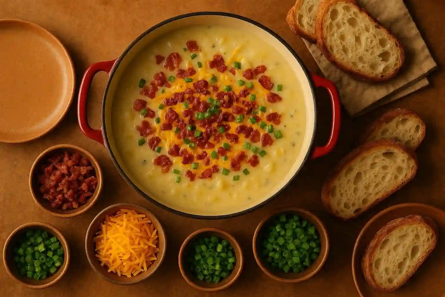 A dinner table setting with a large pot of potato soup, a bowl of toppings (bacon, cheese, green onions), and slices of crusty bread.